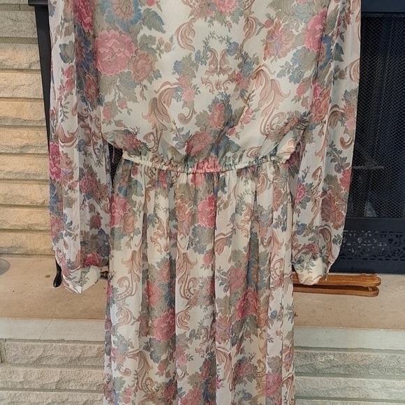 Vintage Lisa Michaels 80's Floral Print Day Dress Long Sleeve Sheer Size 14 - Picture 7 of 14